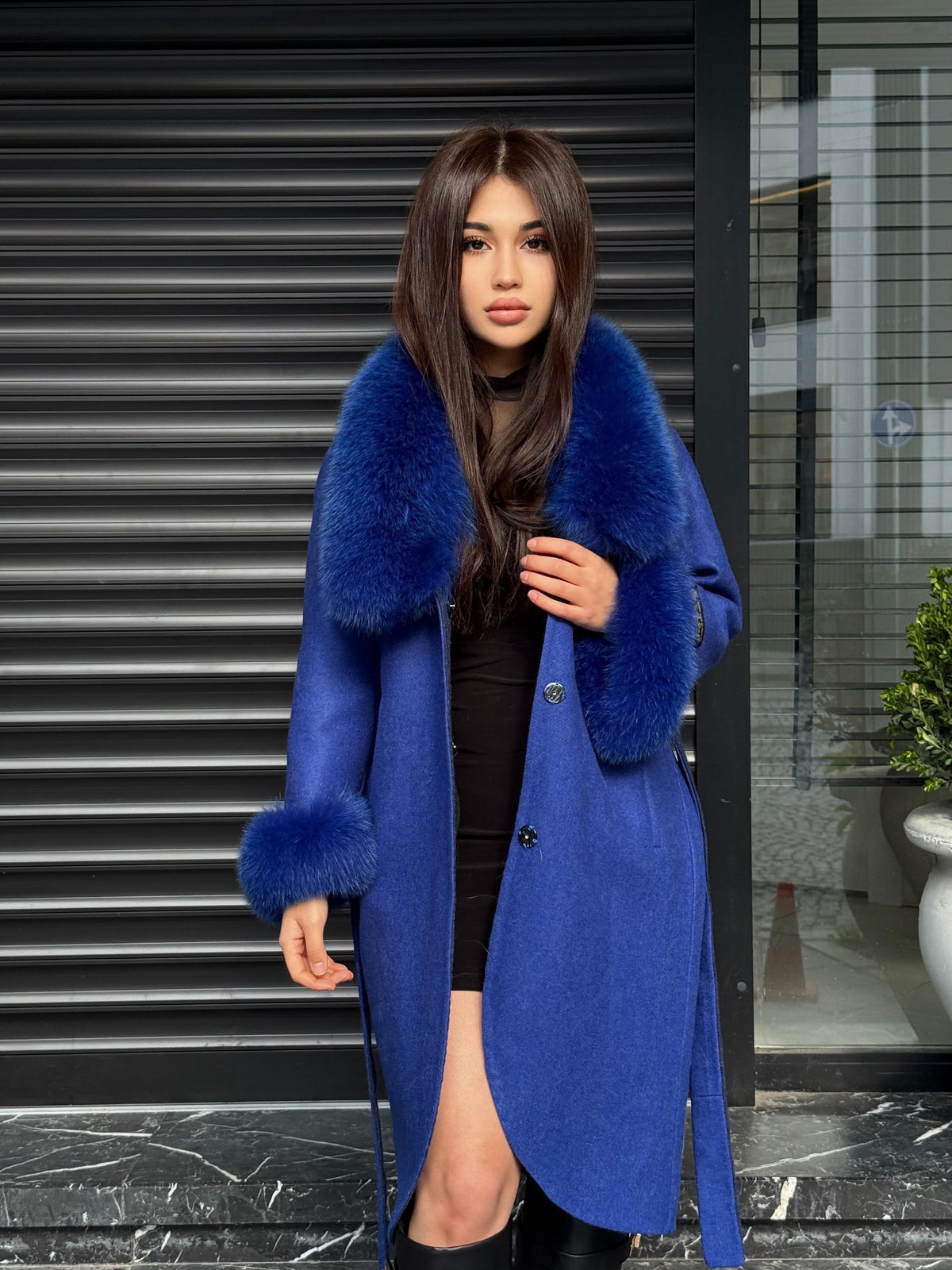 Sax Blue Alpaca Coat With Fox Fur Trim . Luxury Collar Cuffs Fox Fur Coat | Soft & Warm Handmade Wool Women’s Outerwear