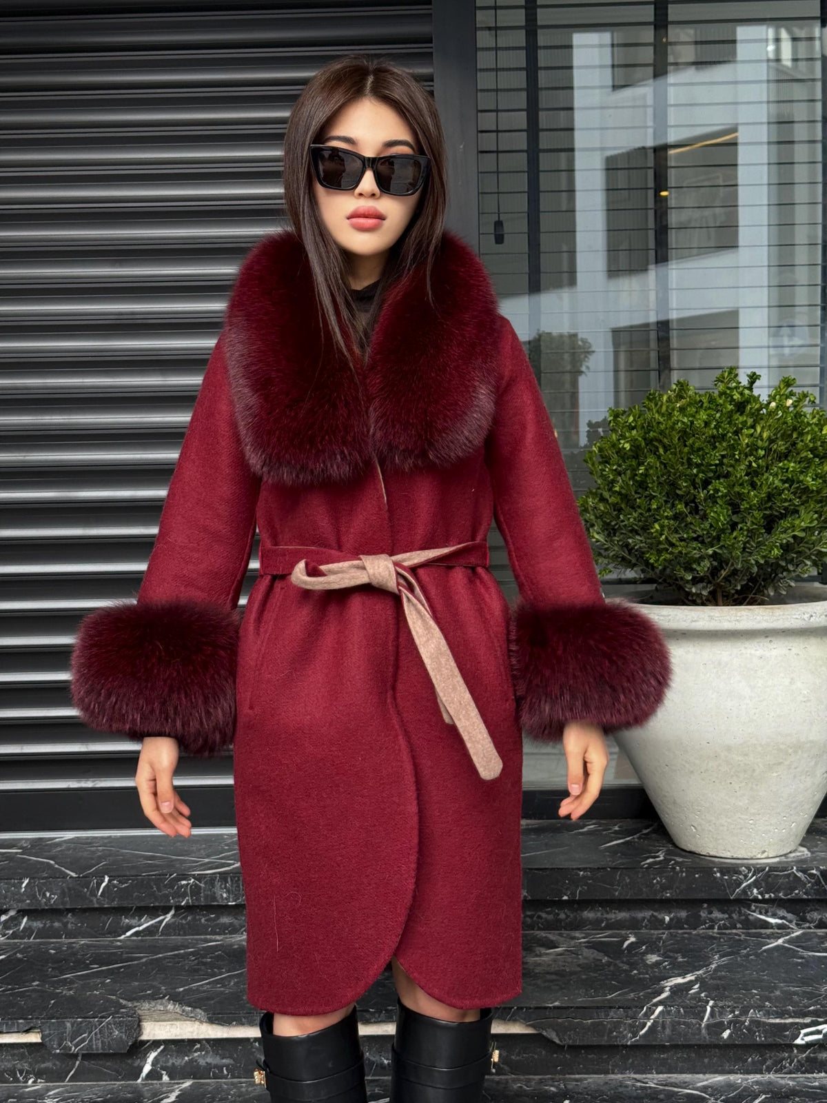 Burgundy Alpaca Coat With Fox Fur Trim . Collar Cuffs Fox Fur Coat | Soft & Warm Handmade Wool Women’s Outerwear