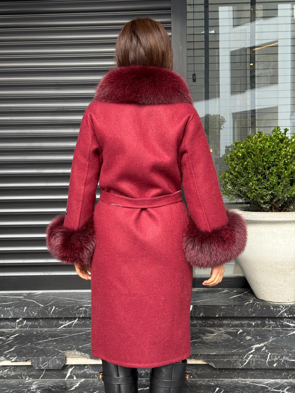 Burgundy Alpaca Coat With Fox Fur Trim . Collar Cuffs Fox Fur Coat | Soft & Warm Handmade Wool Women’s Outerwear