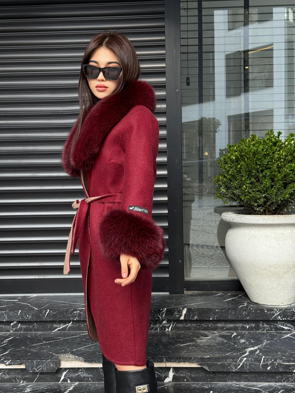 Burgundy Alpaca Coat With Fox Fur Trim . Collar Cuffs Fox Fur Coat | Soft & Warm Handmade Wool Women’s Outerwear
