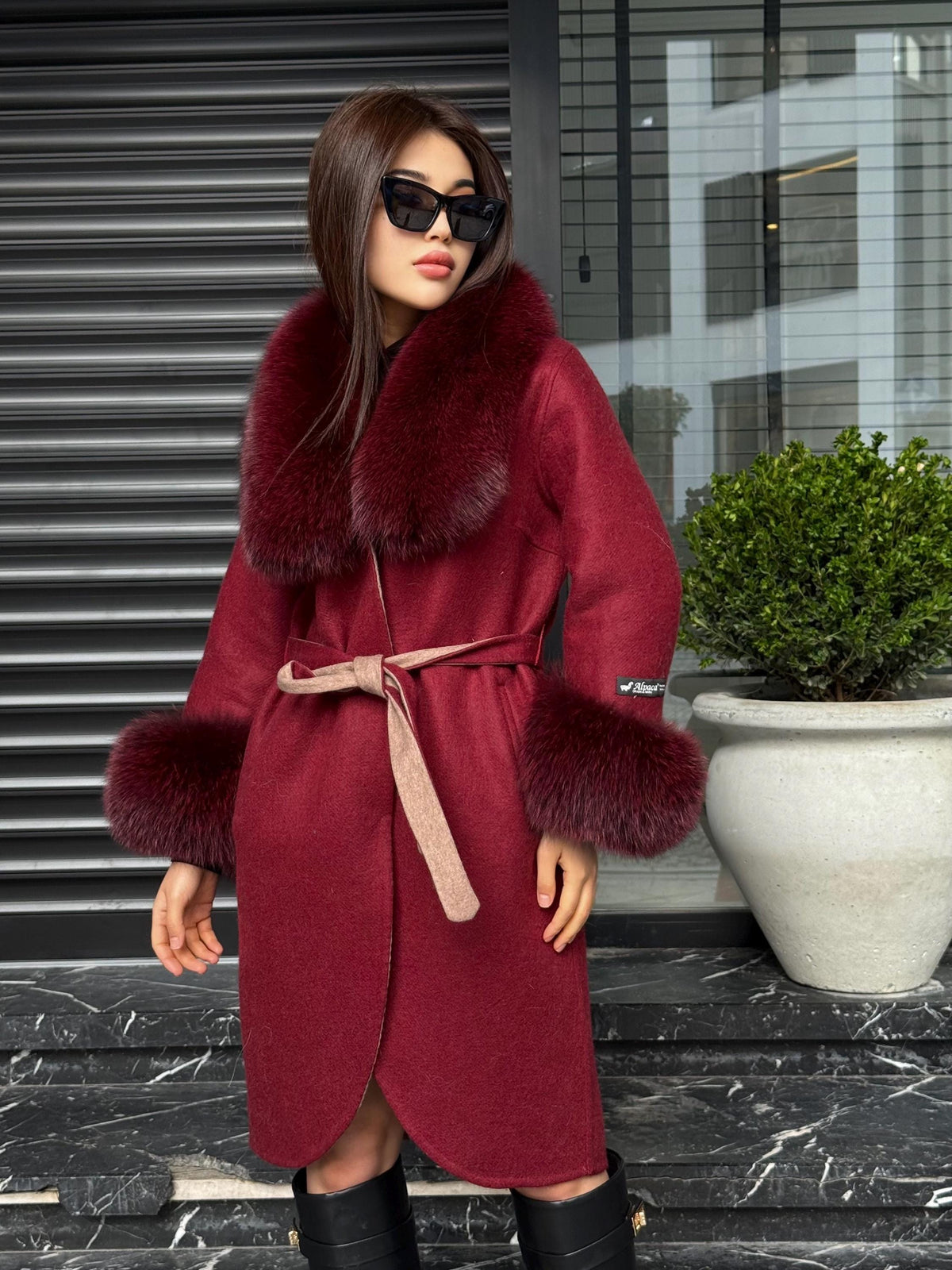 Burgundy Alpaca Coat With Fox Fur Trim . Collar Cuffs Fox Fur Coat | Soft & Warm Handmade Wool Women’s Outerwear