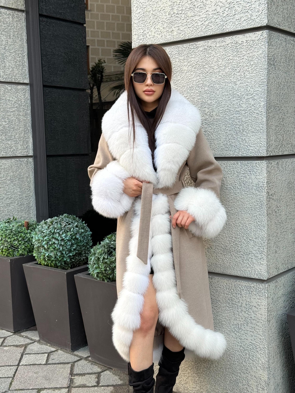 Beige Long Cashmere Blend Coat With Fox Fur Trim. Womens Front & Cuffs - Arctic Fox Fur Coat