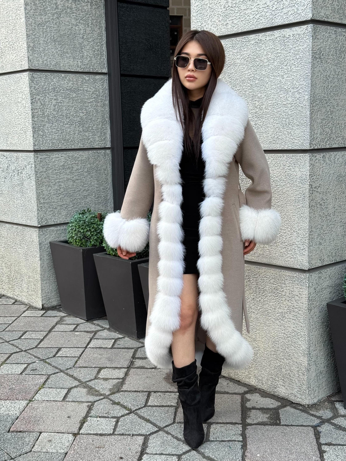 Beige Long Cashmere Blend Coat With Fox Fur Trim. Womens Front & Cuffs - Arctic Fox Fur Coat