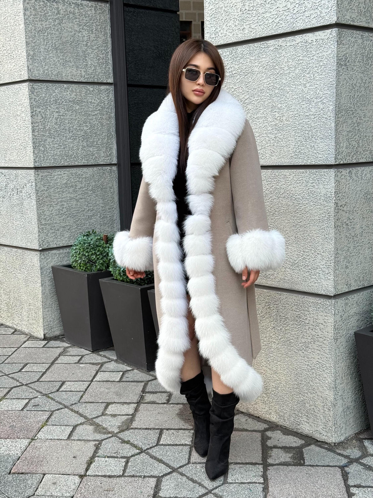 Beige Long Cashmere Blend Coat With Fox Fur Trim. Womens Front & Cuffs - Arctic Fox Fur Coat