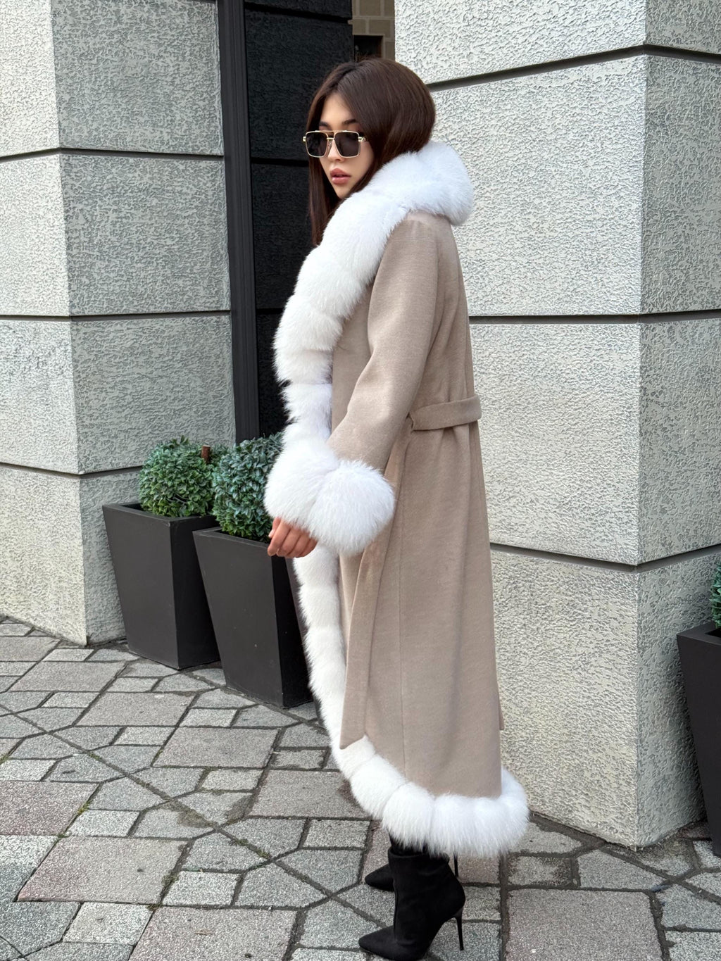 Beige Long Cashmere Blend Coat With Fox Fur Trim. Womens Front & Cuffs - Arctic Fox Fur Coat