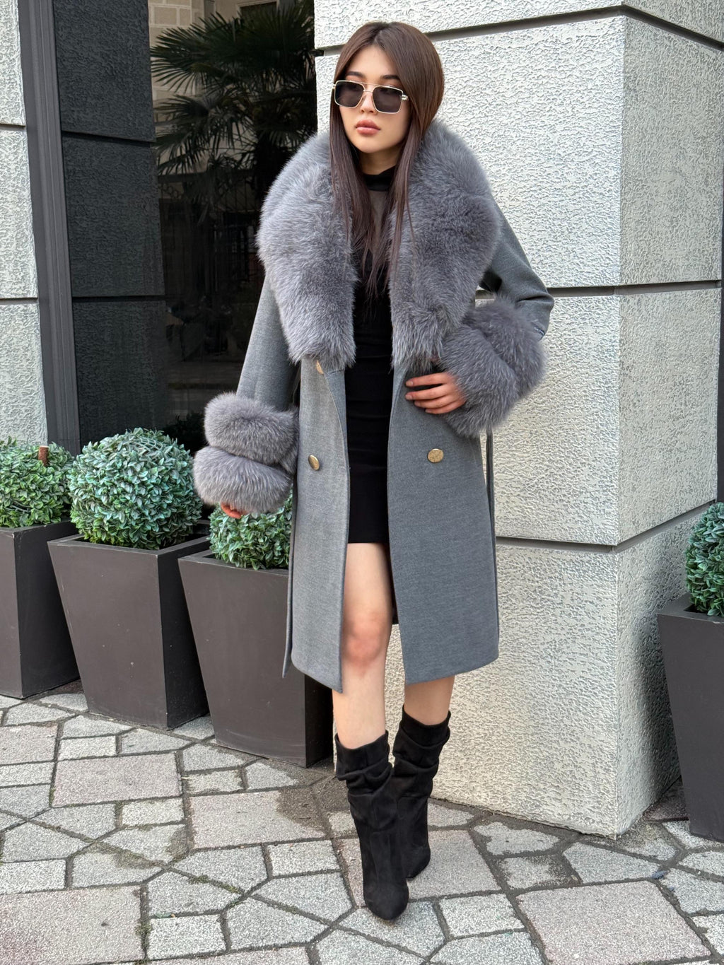 Gray Cashmere Coat With Fox Fur Trim | Luxury Collar Cuffs Fox Fur Coat | Handmade Plus Size Belted Wool Coat For Women, Fox Fur Coat