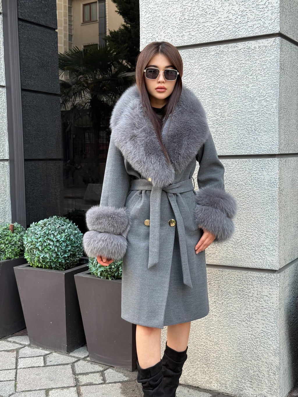 Gray Cashmere Coat With Fox Fur Trim | Luxury Collar Cuffs Fox Fur Coat | Handmade Plus Size Belted Wool Coat For Women, Fox Fur Coat