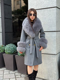 Gray Cashmere Coat With Fox Fur Trim | Luxury Collar Cuffs Fox Fur Coat | Handmade Plus Size Belted Wool Coat For Women, Fox Fur Coat