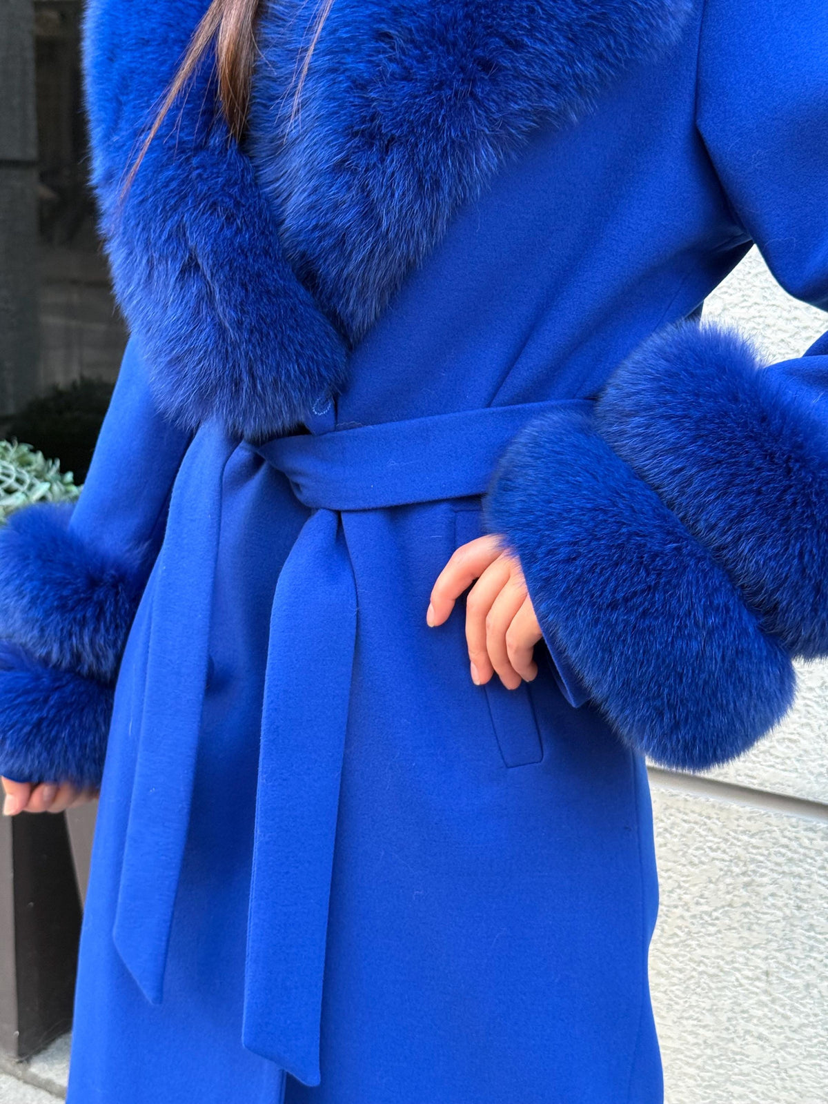 Sax Blue Cashmere Coat With Fox Fur Trim | Collar Cuffs Fox Fur Coat. Handmade Plus Size Long Belted Wool Coat For Women, Fox Fur Coat