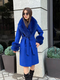 Sax Blue Cashmere Coat With Fox Fur Trim | Collar Cuffs Fox Fur Coat. Handmade Plus Size Long Belted Wool Coat For Women, Fox Fur Coat
