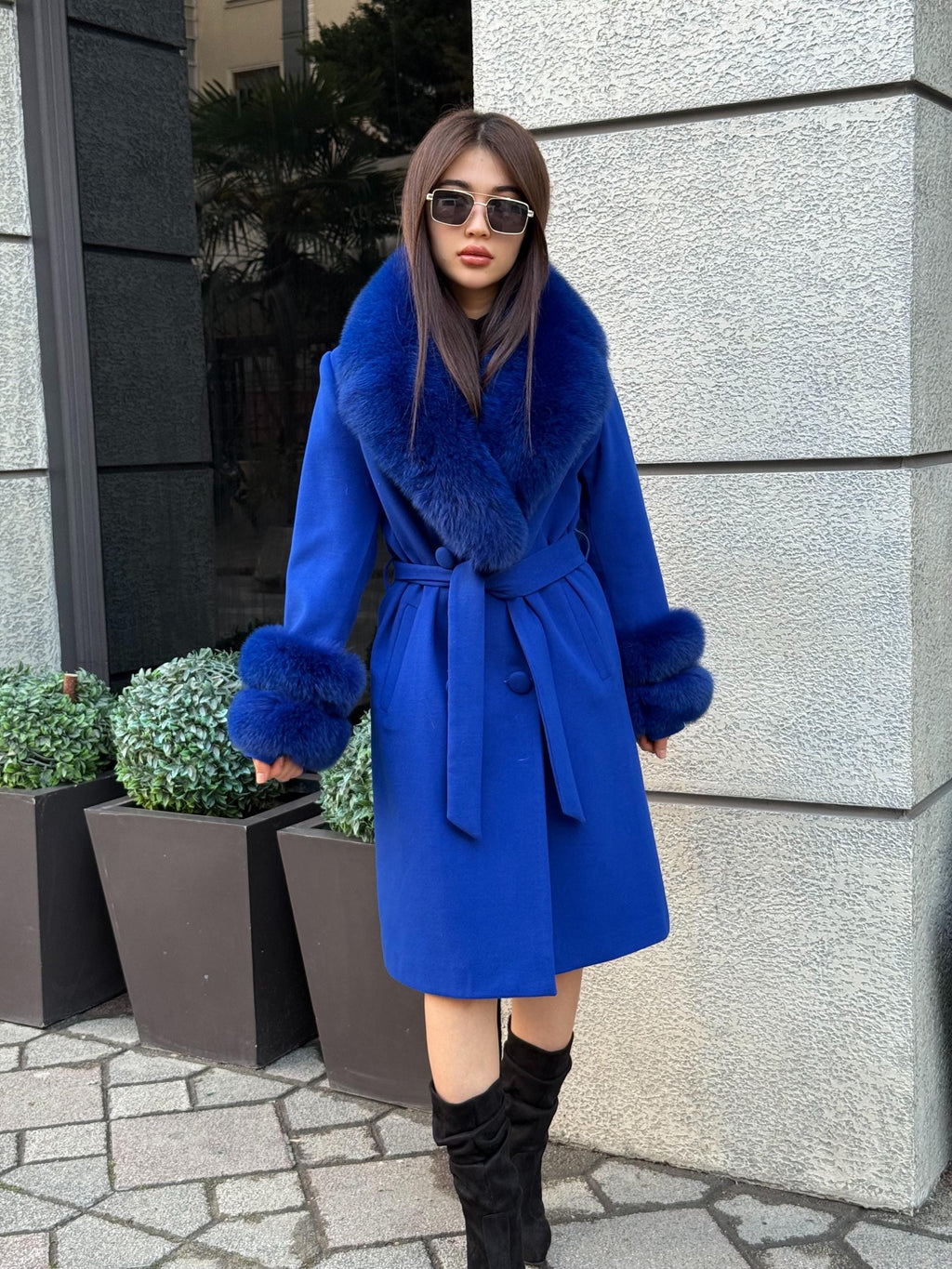 Sax Blue Cashmere Coat With Fox Fur Trim | Collar Cuffs Fox Fur Coat. Handmade Plus Size Long Belted Wool Coat For Women, Fox Fur Coat