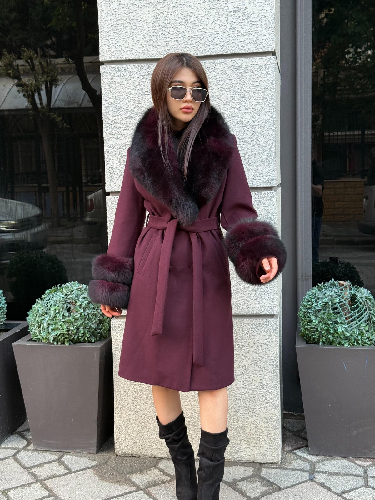 Burgundy Cashmere Collar&Cuffs Fox Fur Coat- Women Fox Fur Jacket. - Premium Burgundy Fox Fur Jacket