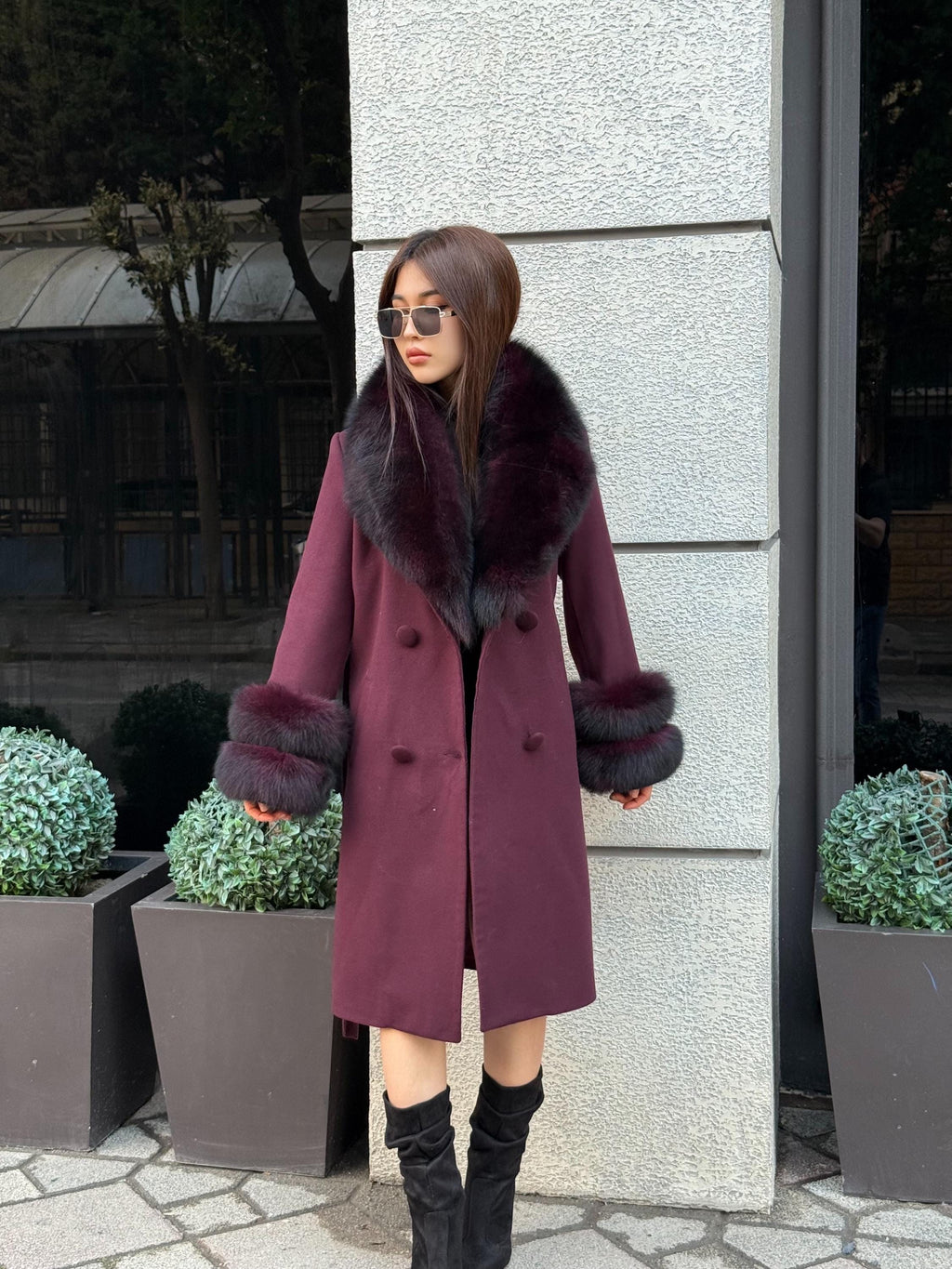 Burgundy Cashmere Collar&Cuffs Fox Fur Coat- Women Fox Fur Jacket. - Premium Burgundy Fox Fur Jacket
