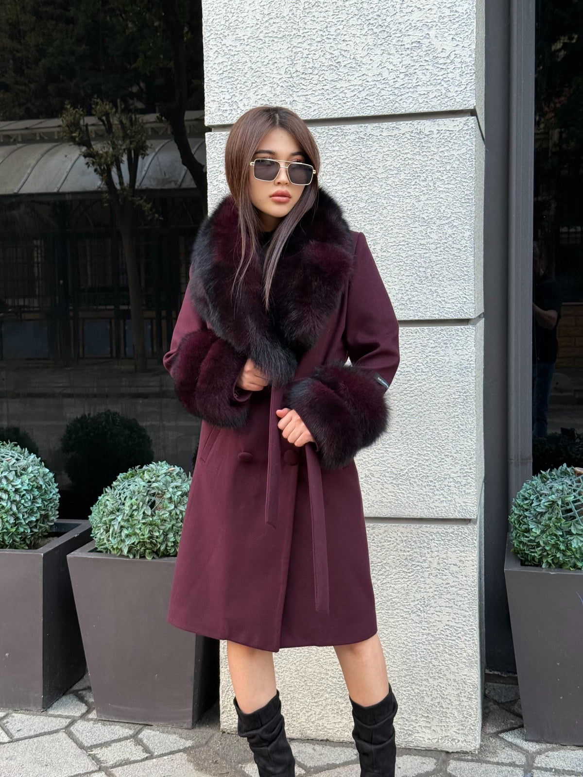 Burgundy Cashmere Collar&Cuffs Fox Fur Coat- Women Fox Fur Jacket. - Premium Burgundy Fox Fur Jacket