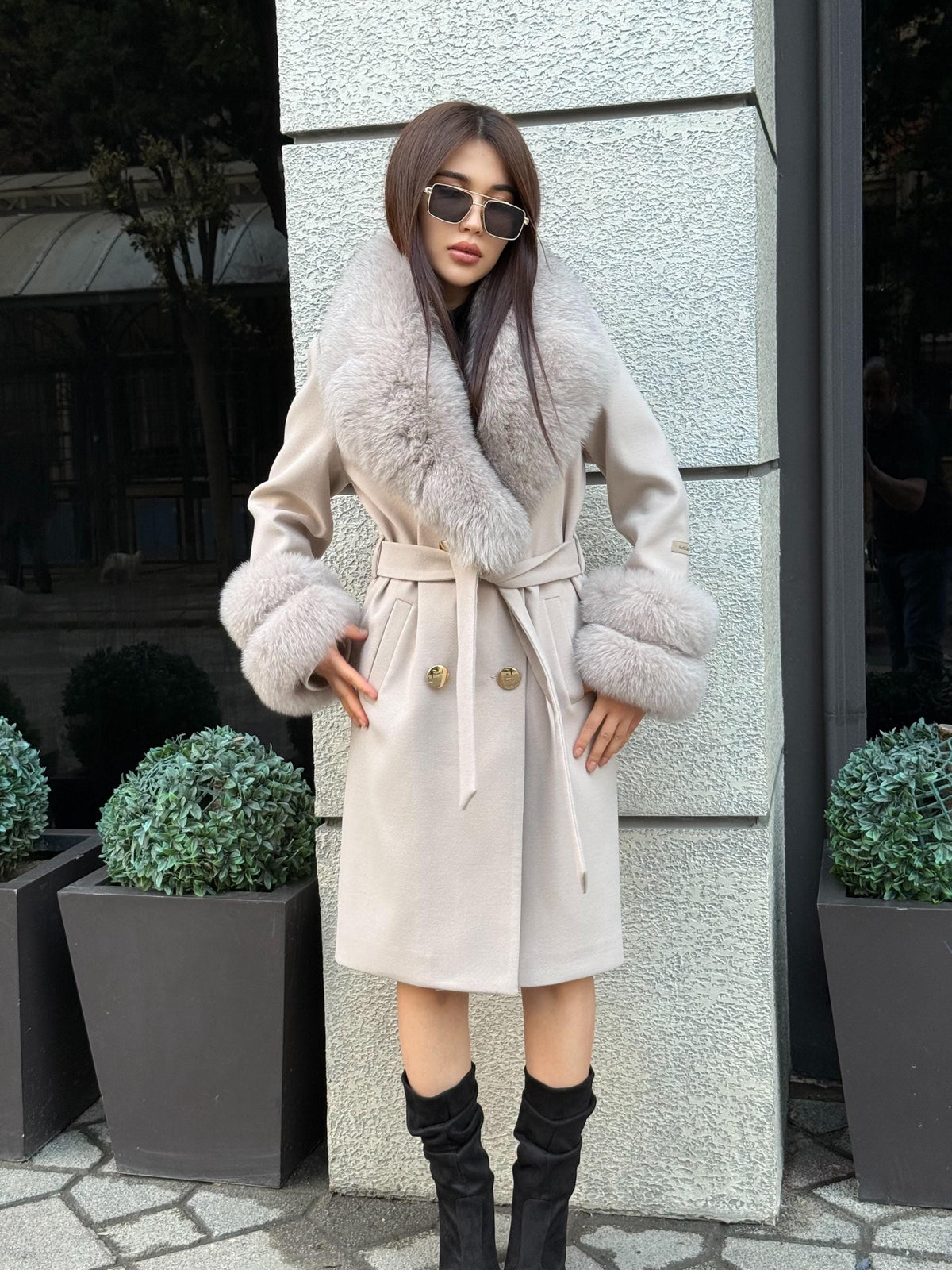 Beige Long Cashmere Wool Blend Coat With Fur Trim. Collar & Cuffs Fox Fur Jacket. Beige Fox Fur