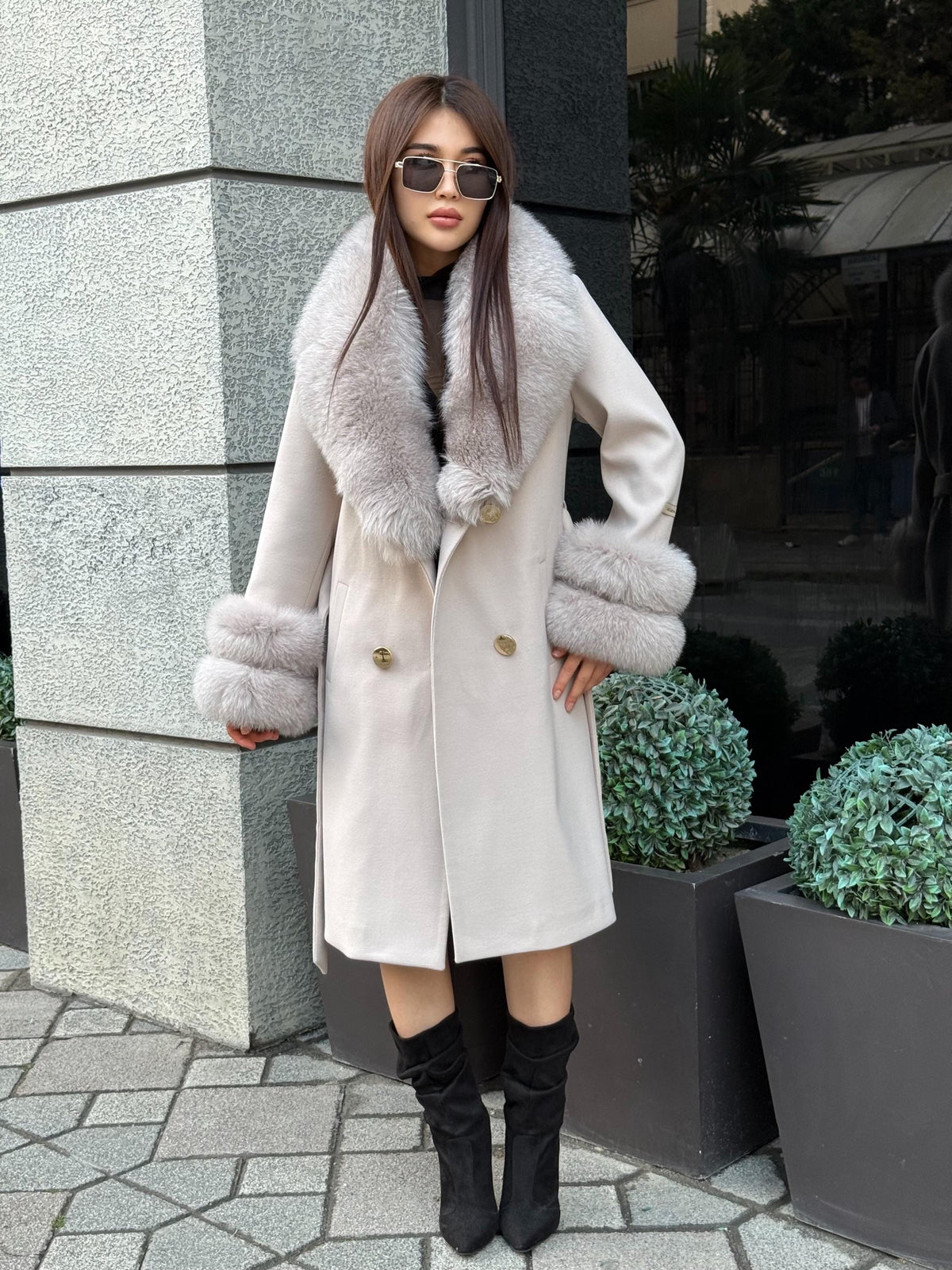 Beige Long Cashmere Wool Blend Coat With Fur Trim. Collar & Cuffs Fox Fur Jacket. Beige Fox Fur