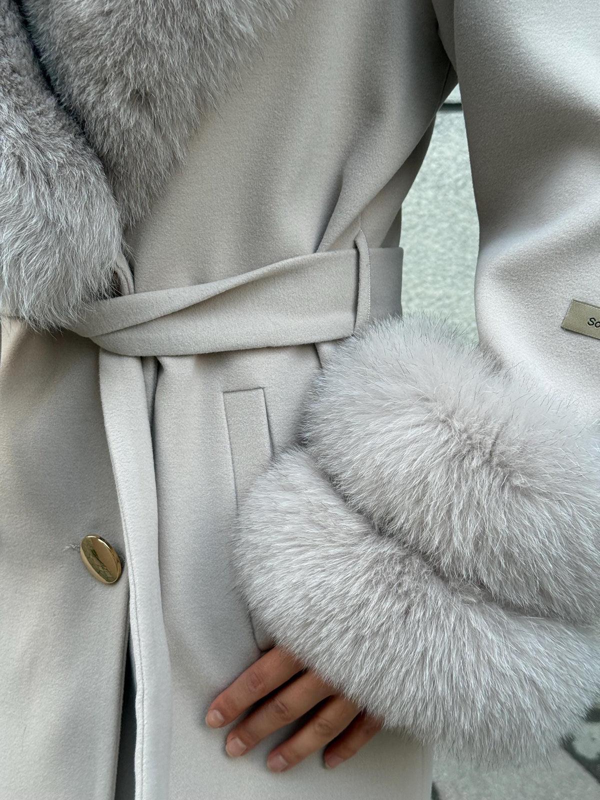 Beige Long Cashmere Wool Blend Coat With Fur Trim. Collar & Cuffs Fox Fur Jacket. Beige Fox Fur