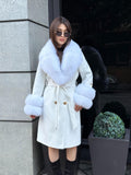 White Cashmere Coat With Fox Fur Trim, Collar Cuffs Fox Fur Coat , Handmade Long Wool Coat For Women, Plus Size Fur Trimmed Coat