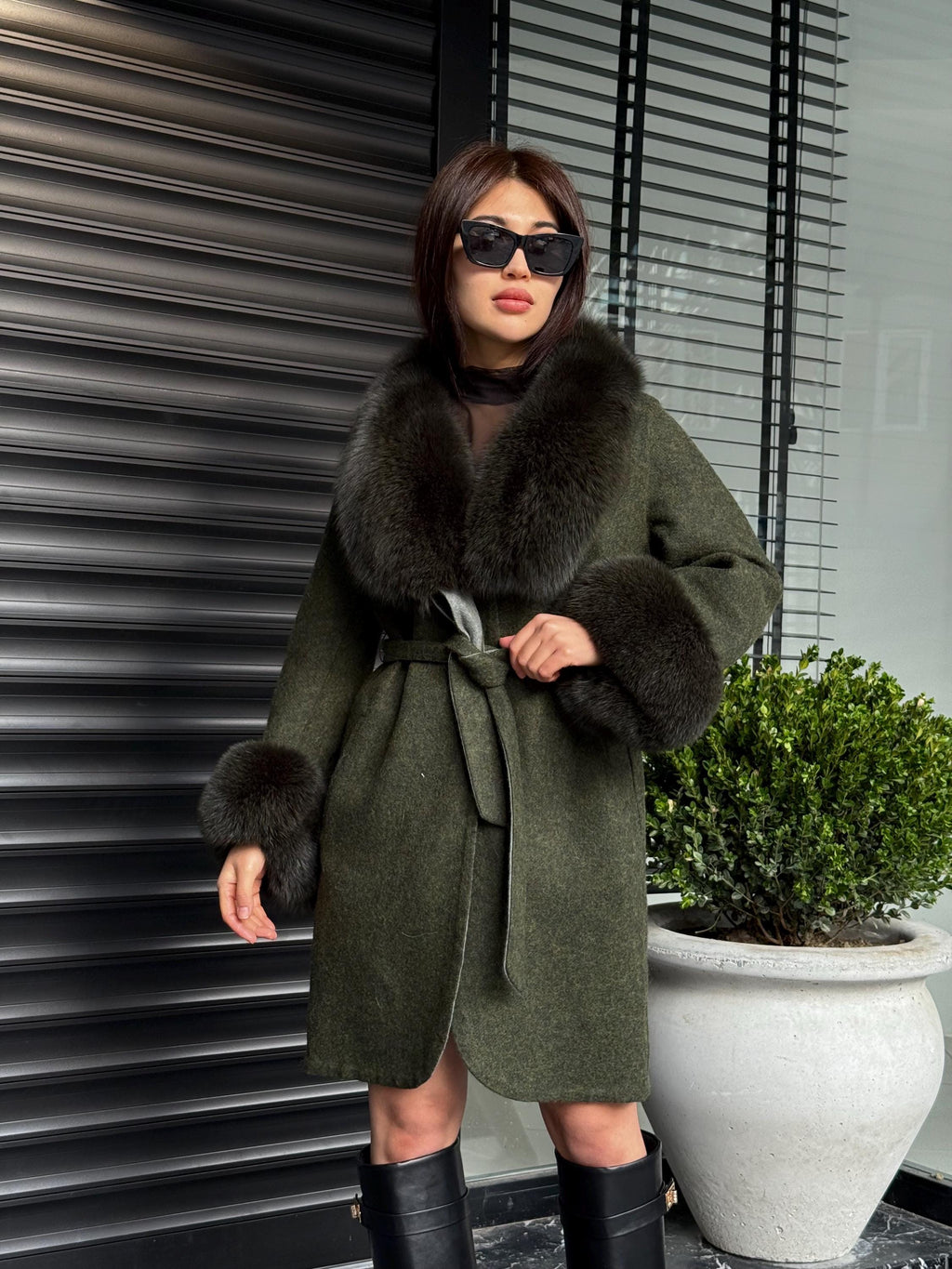 Khaki Handmade Women Alpaca Coat With Fox Fur , Luxury Outwear | Natural Alpaca Wool Coat | Soft & Warm – Handmade Women’s Outerwear