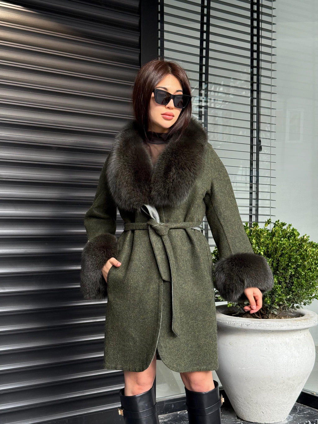 Khaki Handmade Women Alpaca Coat With Fox Fur , Luxury Outwear | Natural Alpaca Wool Coat | Soft & Warm – Handmade Women’s Outerwear