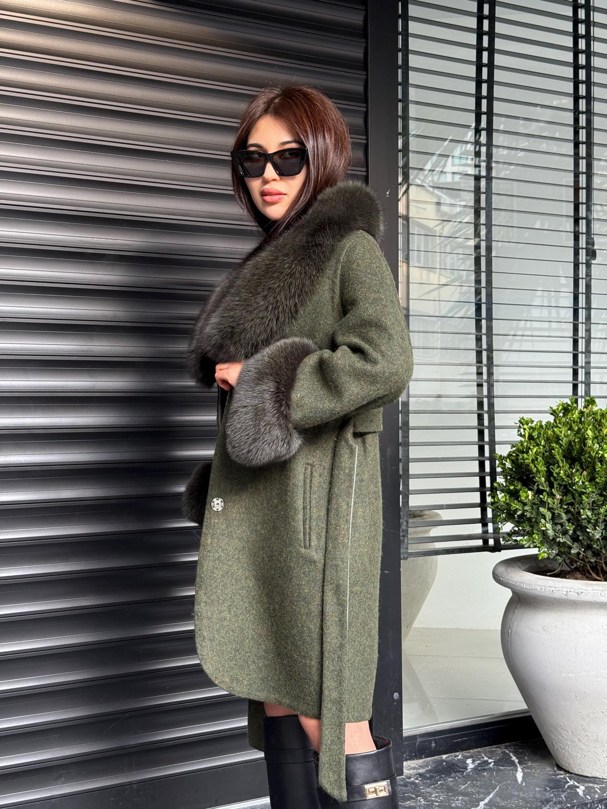 Khaki Handmade Women Alpaca Coat With Fox Fur , Luxury Outwear | Natural Alpaca Wool Coat | Soft & Warm – Handmade Women’s Outerwear
