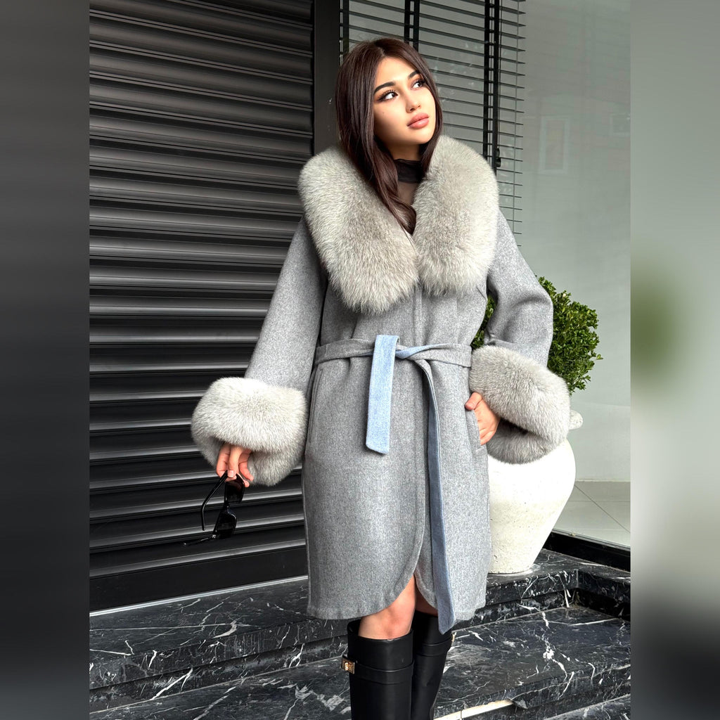 Gray Handmade Women Alpaca Coat With Fox Fur , Luxury Outwear | Natural Alpaca Wool Coat | Soft & Warm – Handmade Women’s Outerwear