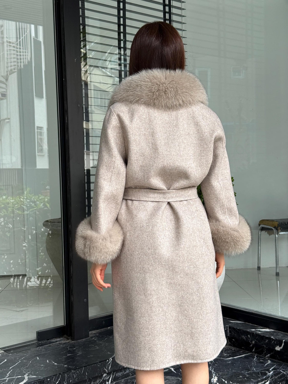 Beige Long Alpaca Wool Coat, Women’s Handmade Collar & Ciffs - fox fur jacket
