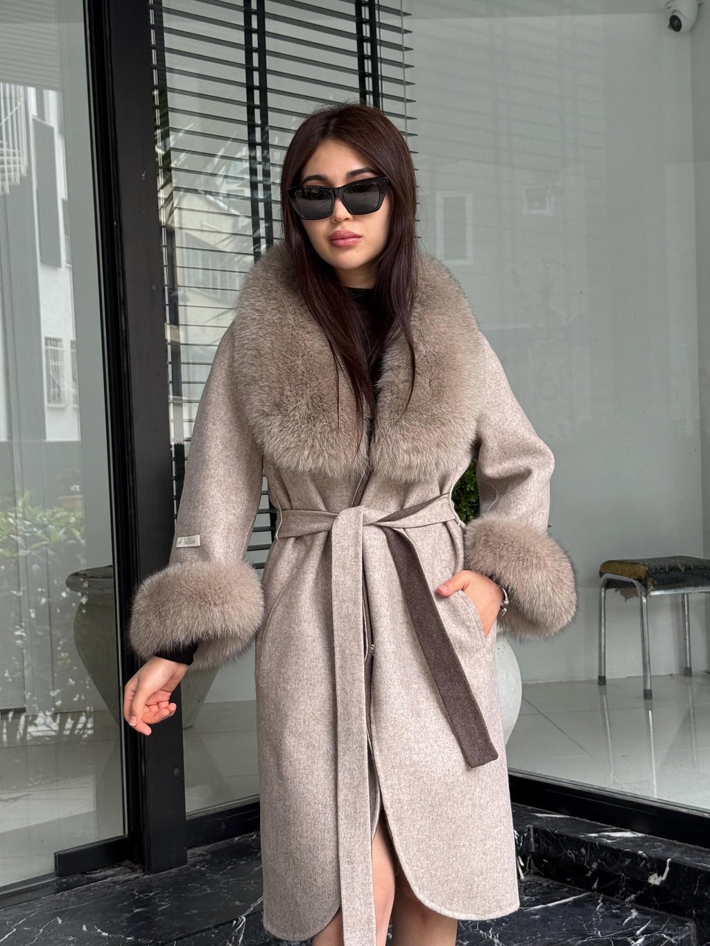Beige Long Alpaca Wool Coat, Women’s Handmade Collar & Ciffs - fox fur jacket
