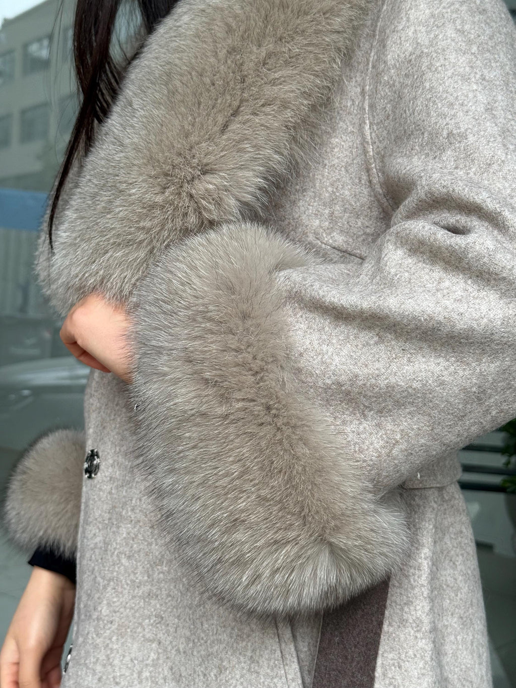 Beige Long Alpaca Wool Coat, Women’s Handmade Collar & Ciffs - fox fur jacket