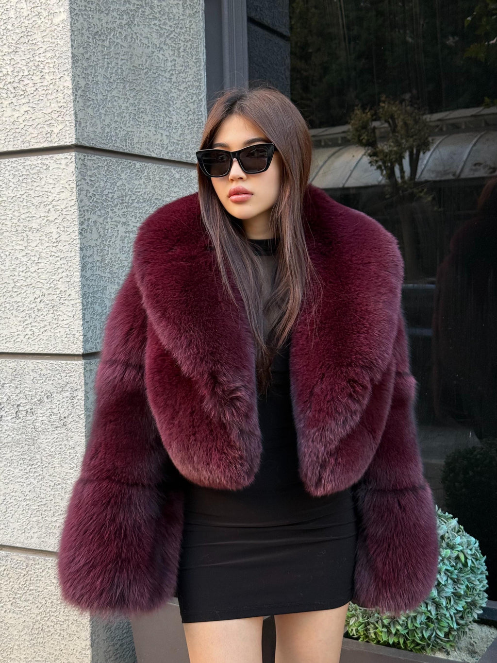 Burgundy Fox Fur Jacket, Women’s Handmade Short Fox Fur Coat
