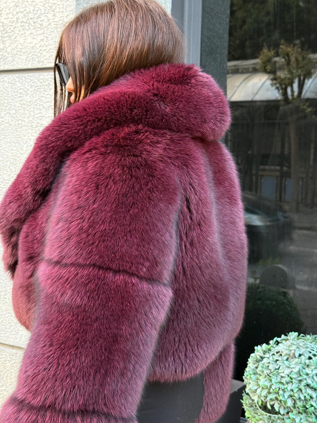 Burgundy Fox Fur Jacket, Women’s Handmade Short Fox Fur Coat