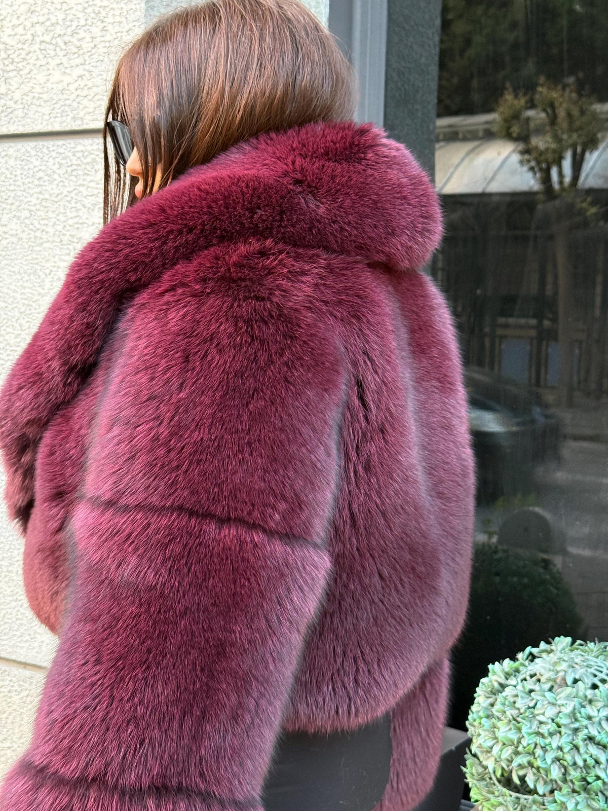 Burgundy Fox Fur Jacket, Women’s Handmade Short Fox Fur Coat