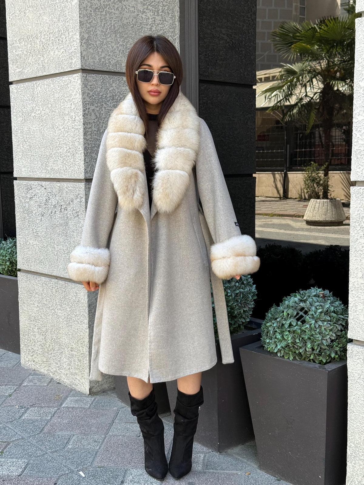 Beige Long Alpaca Wool Coat, Women’s Handmade Collar & Cuffs - Fox Fur Jacket