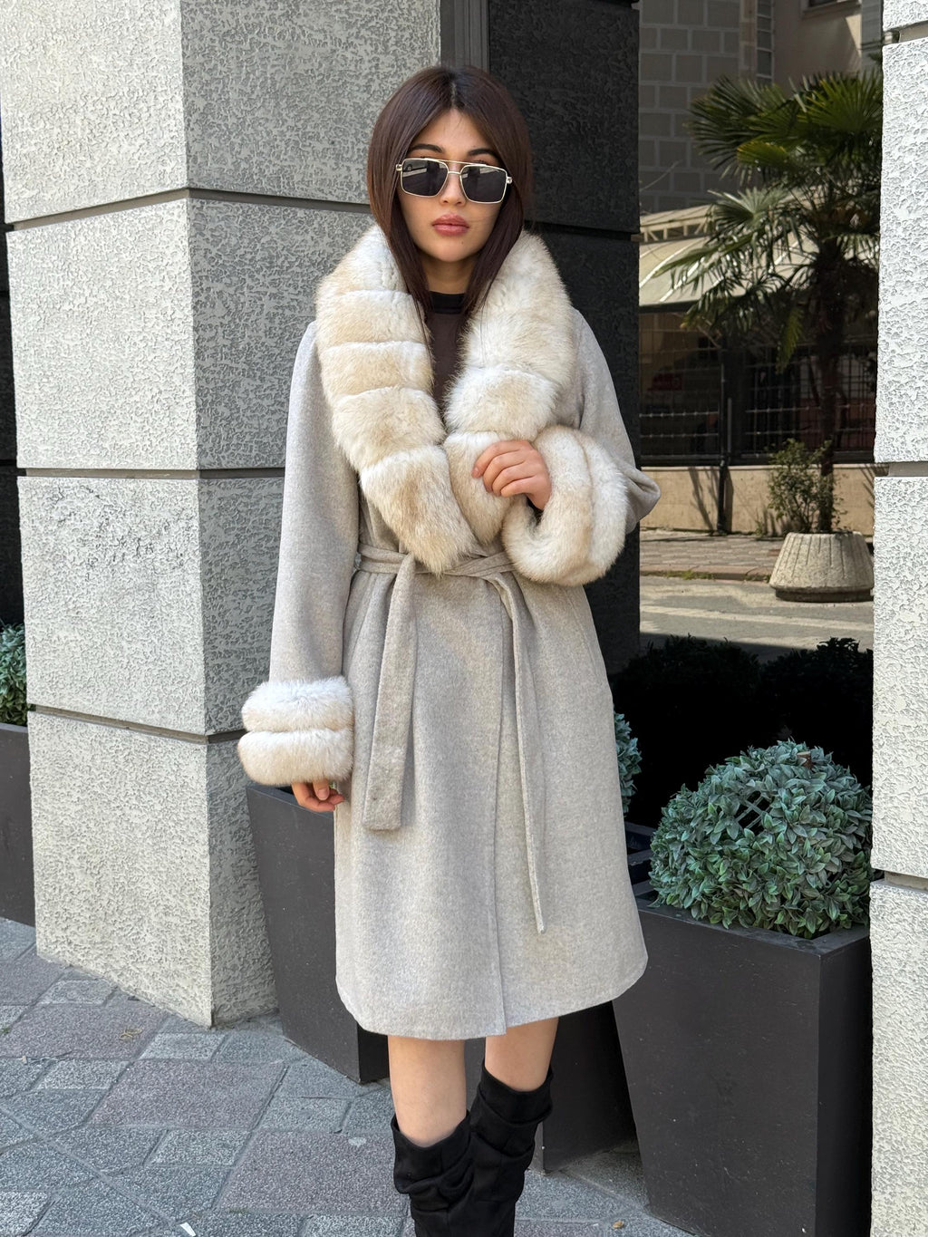 Beige Long Alpaca Wool Coat, Women’s Handmade Collar & Cuffs - Fox Fur Jacket