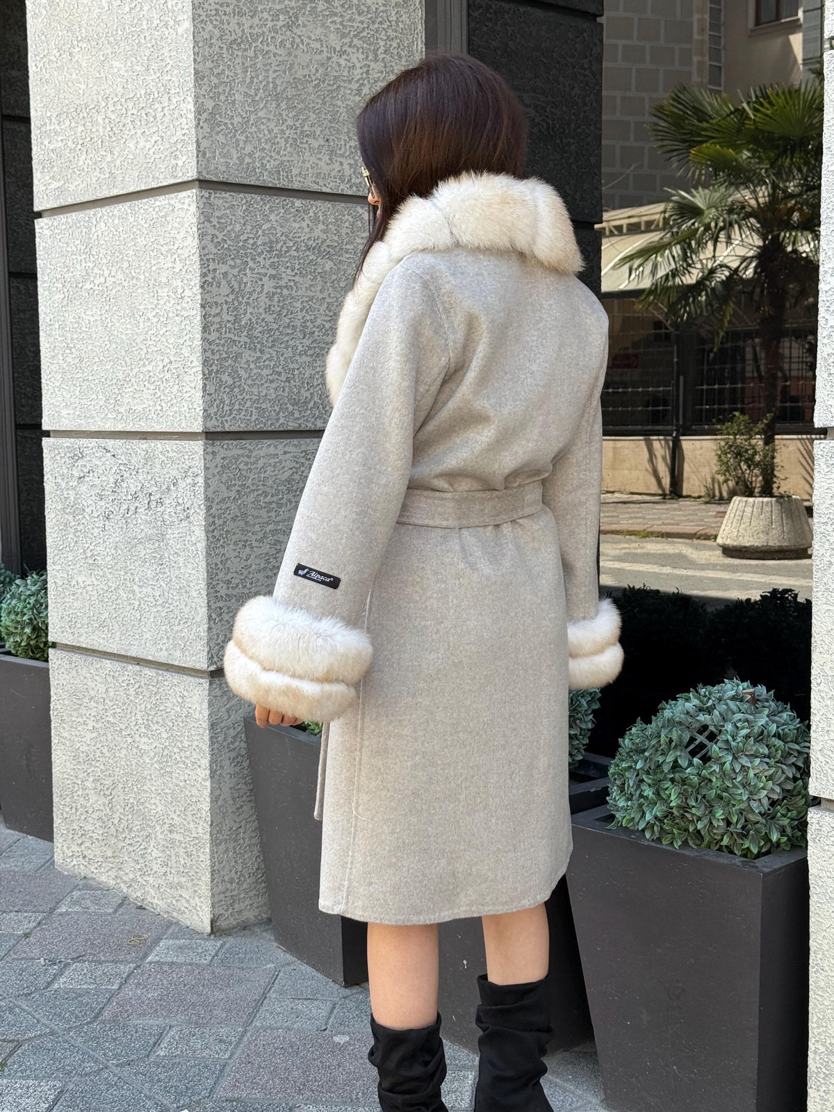 Beige Long Alpaca Wool Coat, Women’s Handmade Collar & Cuffs - Fox Fur Jacket