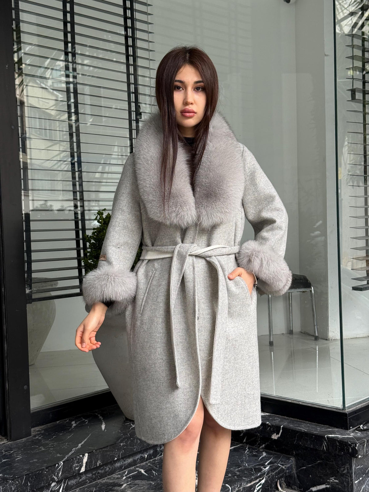 Gray Handmade Women Alpaca Coat With Fox Fur , Luxury Outwear | Natural Alpaca Wool Coat | Soft & Warm – Handmade Women’s Outerwear
