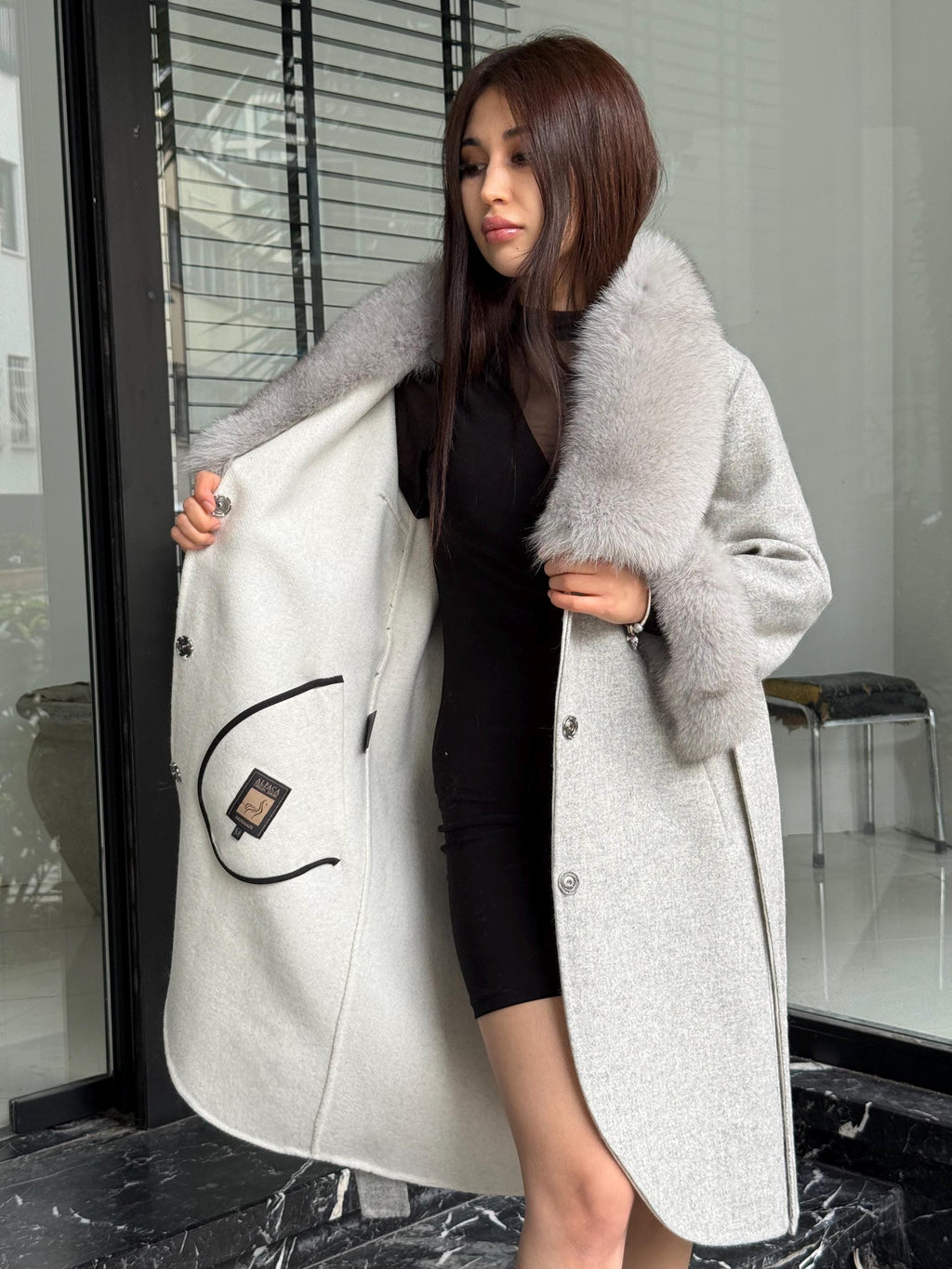 Gray Handmade Women Alpaca Coat With Fox Fur , Luxury Outwear | Natural Alpaca Wool Coat | Soft & Warm – Handmade Women’s Outerwear