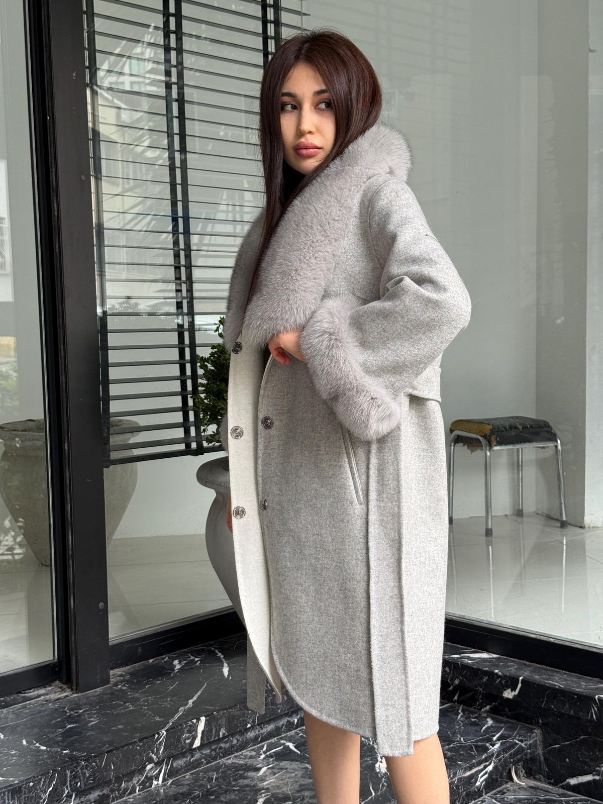 Gray Handmade Women Alpaca Coat With Fox Fur , Luxury Outwear | Natural Alpaca Wool Coat | Soft & Warm – Handmade Women’s Outerwear