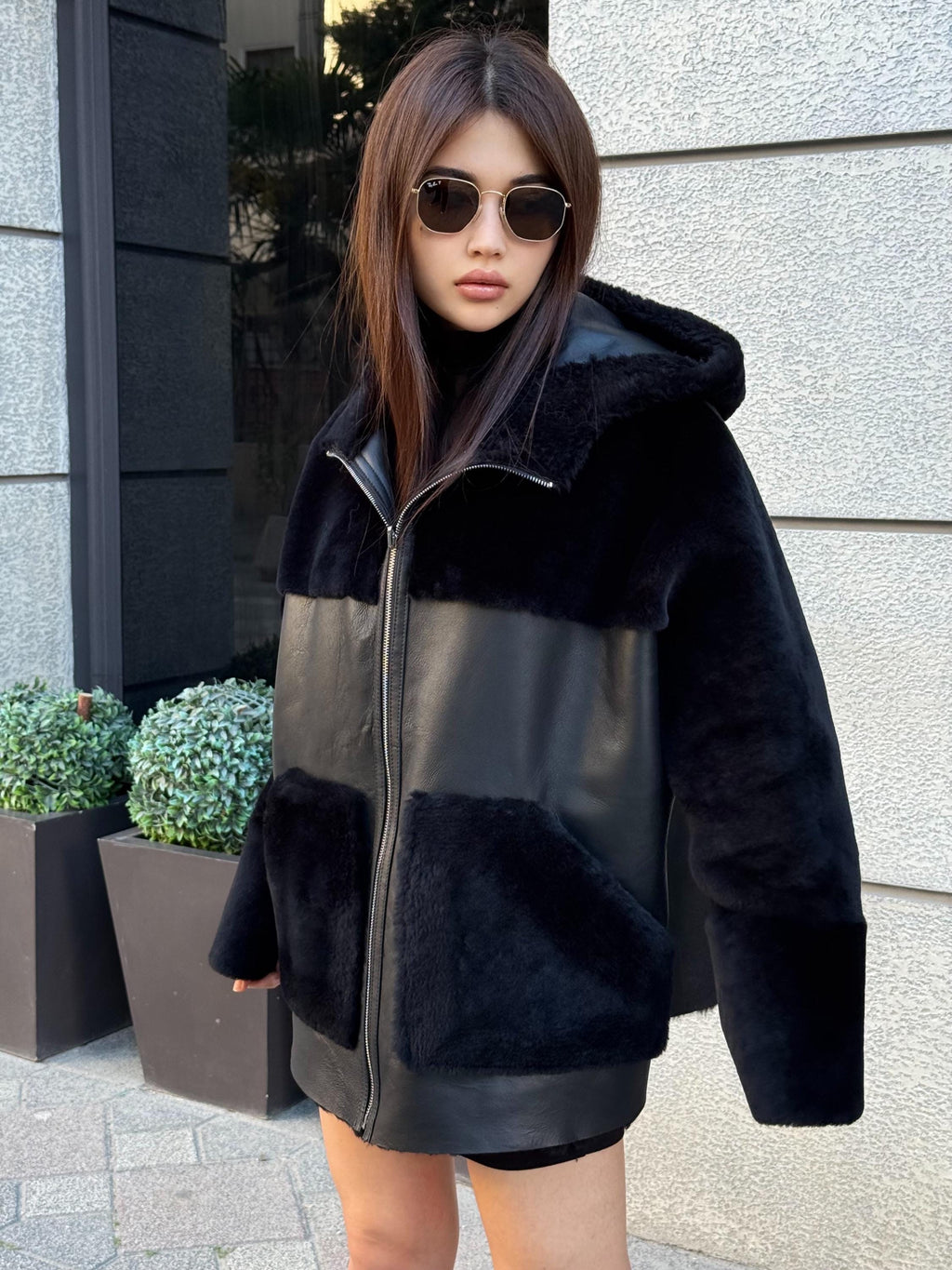 Black Reversible Shearling Coat, Women’s Handmade Short Lamb Fur Jacket