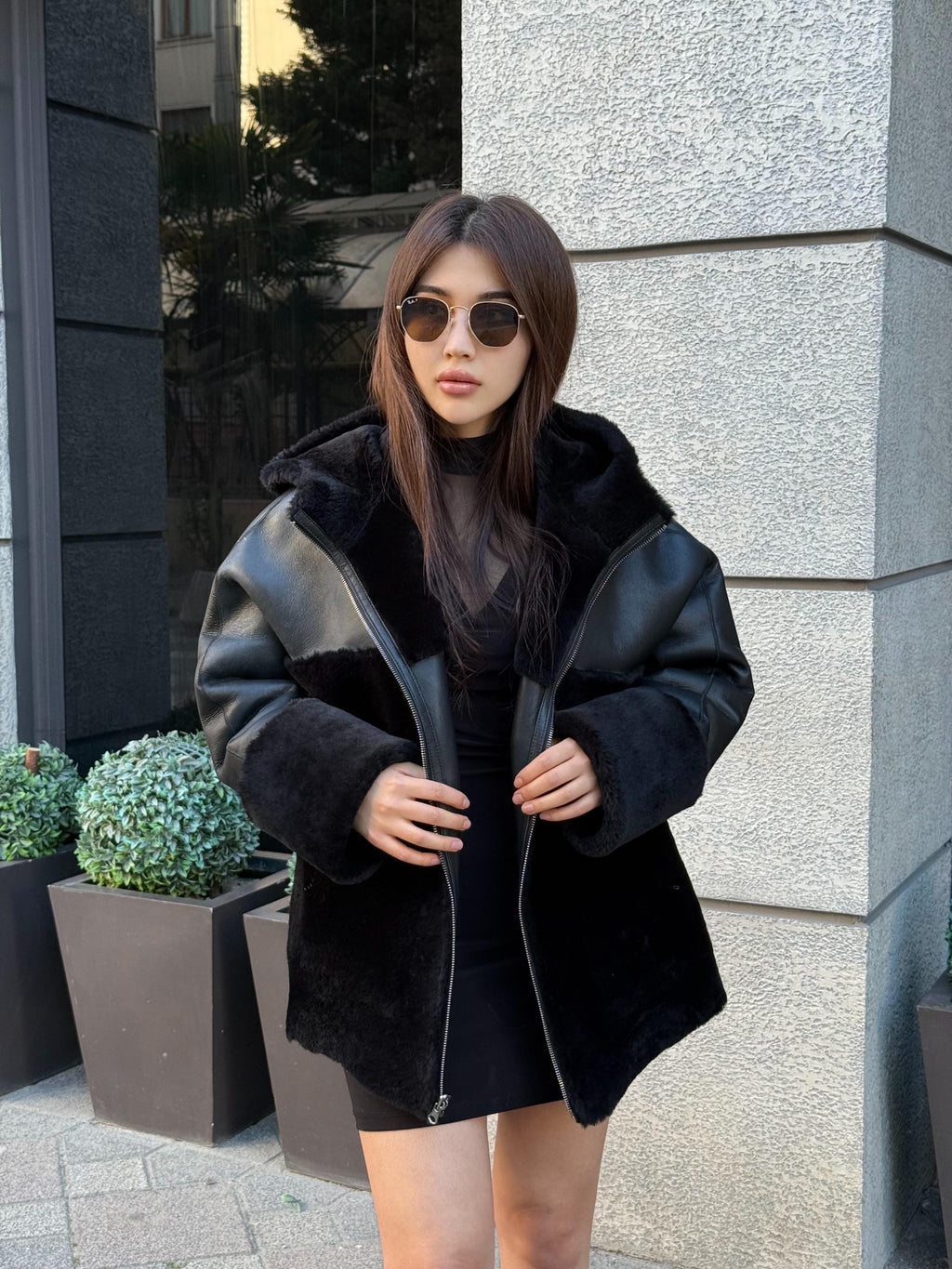 Black Reversible Shearling Coat, Women’s Handmade Short Lamb Fur Jacket