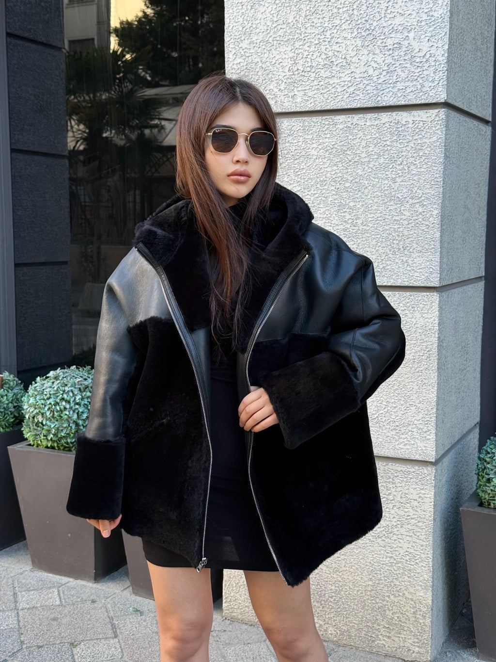 Black Reversible Shearling Coat, Women’s Handmade Short Lamb Fur Jacket