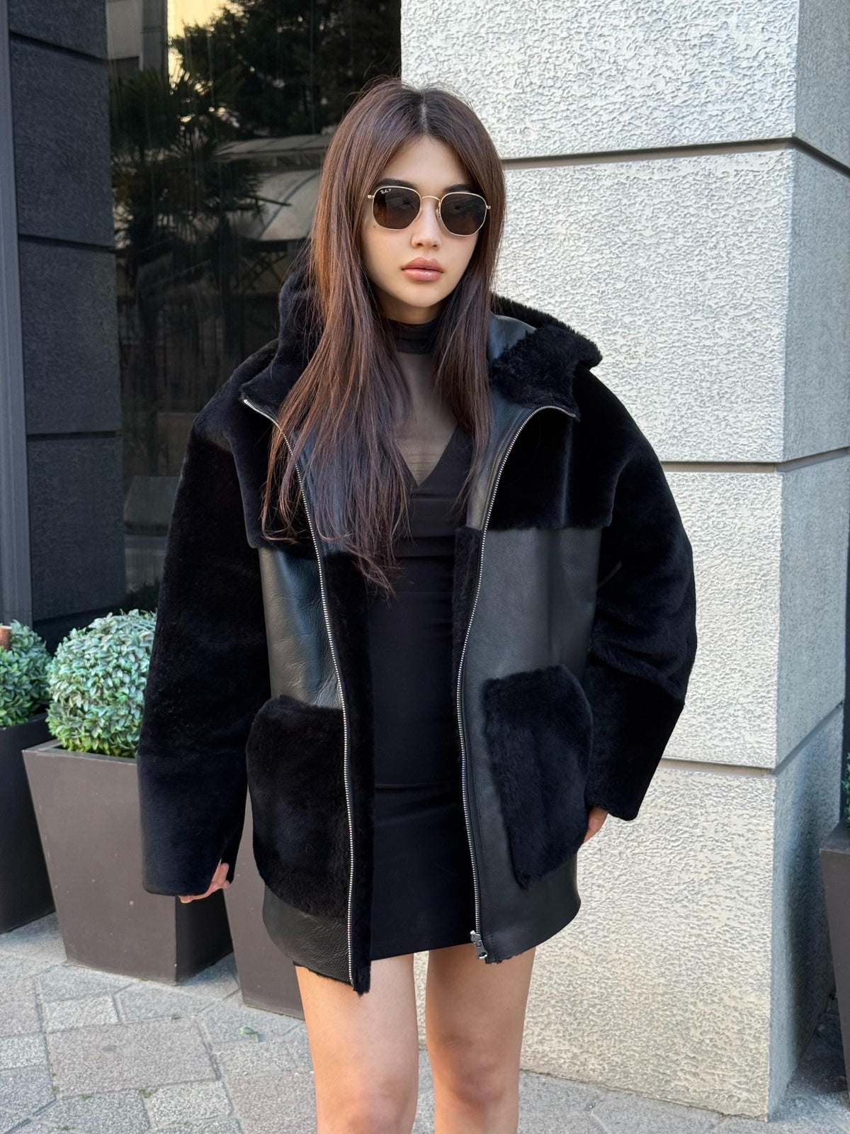 Black Reversible Shearling Coat, Women’s Handmade Short Lamb Fur Jacket