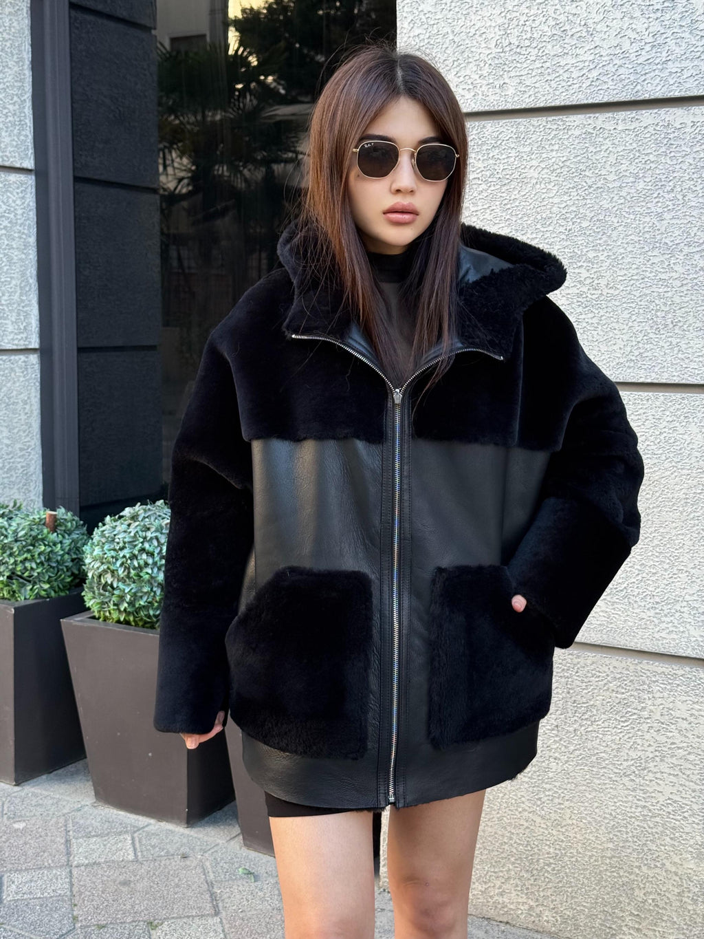 Black Reversible Shearling Coat, Women’s Handmade Short Lamb Fur Jacket