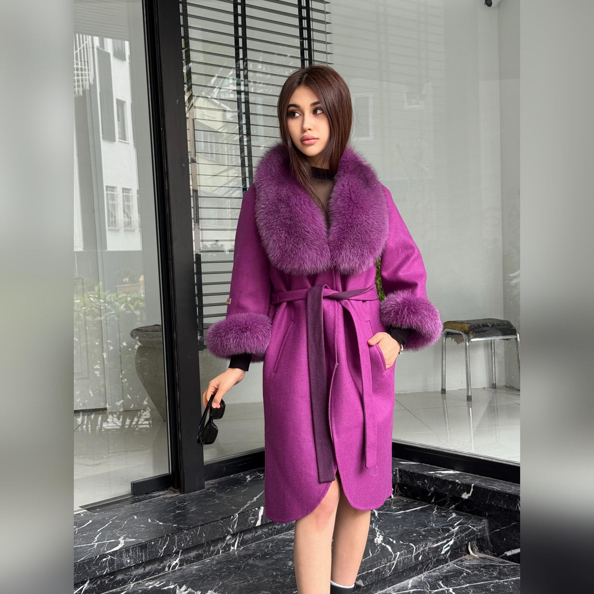 Purple Handmade Women Alpaca Coat With Fox Fur , Luxury Outwear | Natural Alpaca Wool Coat | Soft & Warm – Handmade Women’s Outerwear