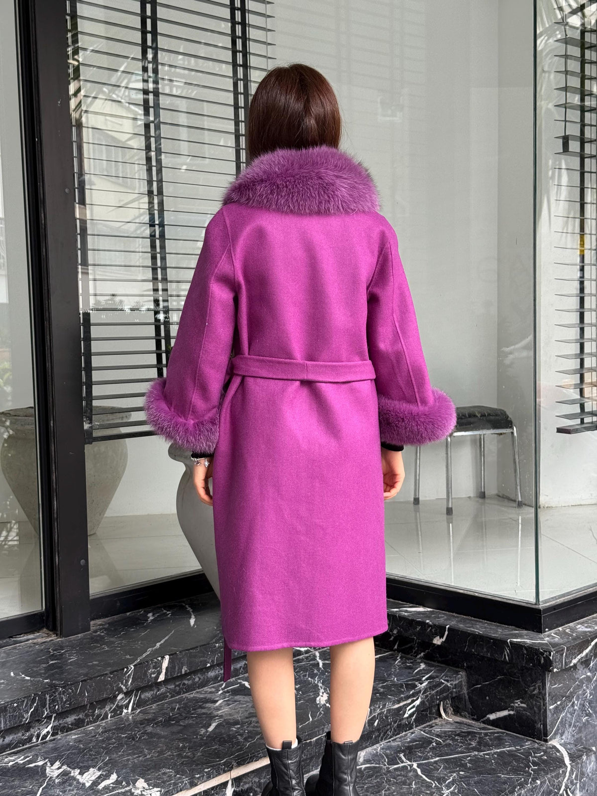 Purple Handmade Women Alpaca Coat With Fox Fur , Luxury Outwear | Natural Alpaca Wool Coat | Soft & Warm – Handmade Women’s Outerwear