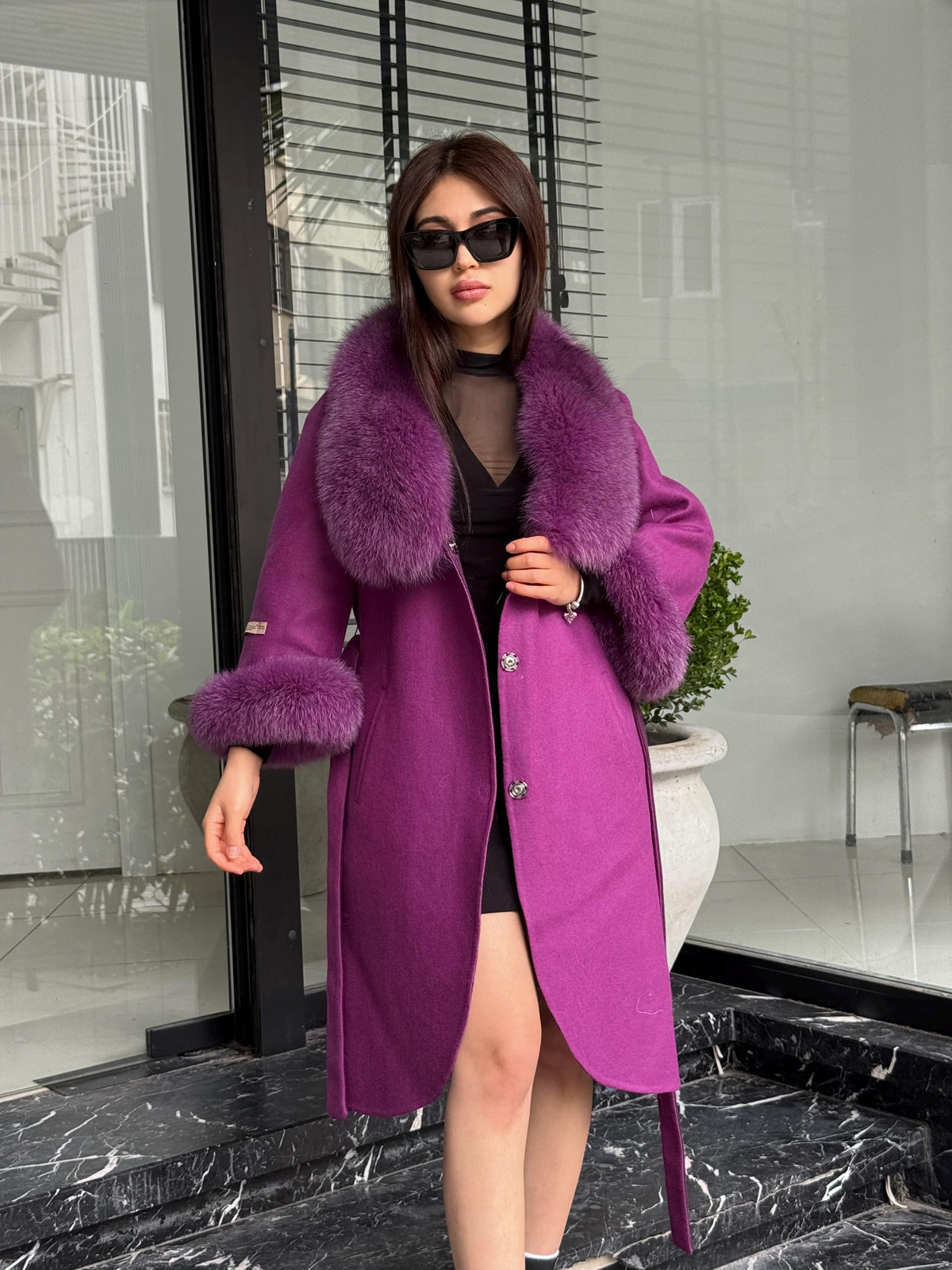 Purple Handmade Women Alpaca Coat With Fox Fur , Luxury Outwear | Natural Alpaca Wool Coat | Soft & Warm – Handmade Women’s Outerwear