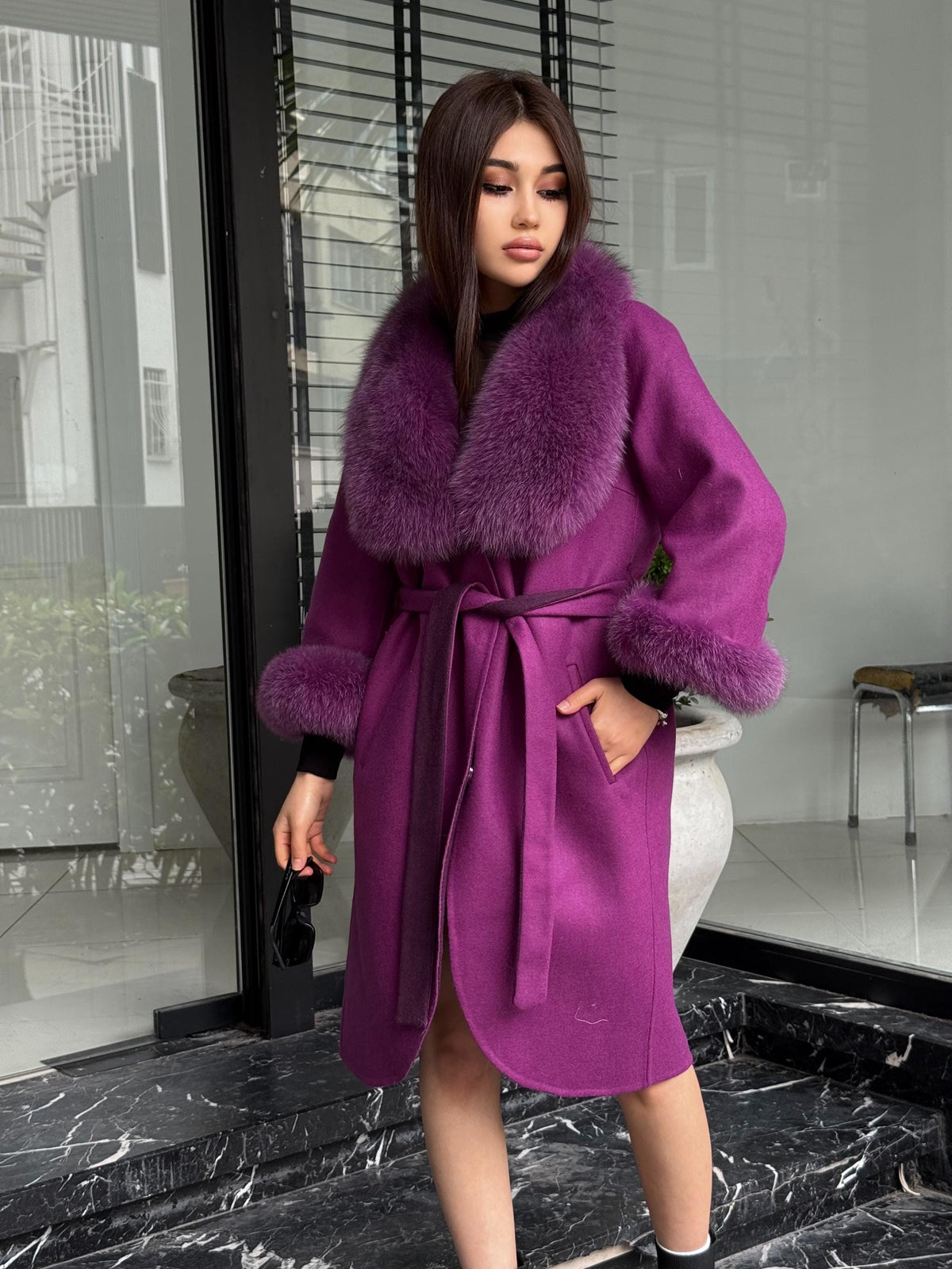 Purple Handmade Women Alpaca Coat With Fox Fur , Luxury Outwear | Natural Alpaca Wool Coat | Soft & Warm – Handmade Women’s Outerwear