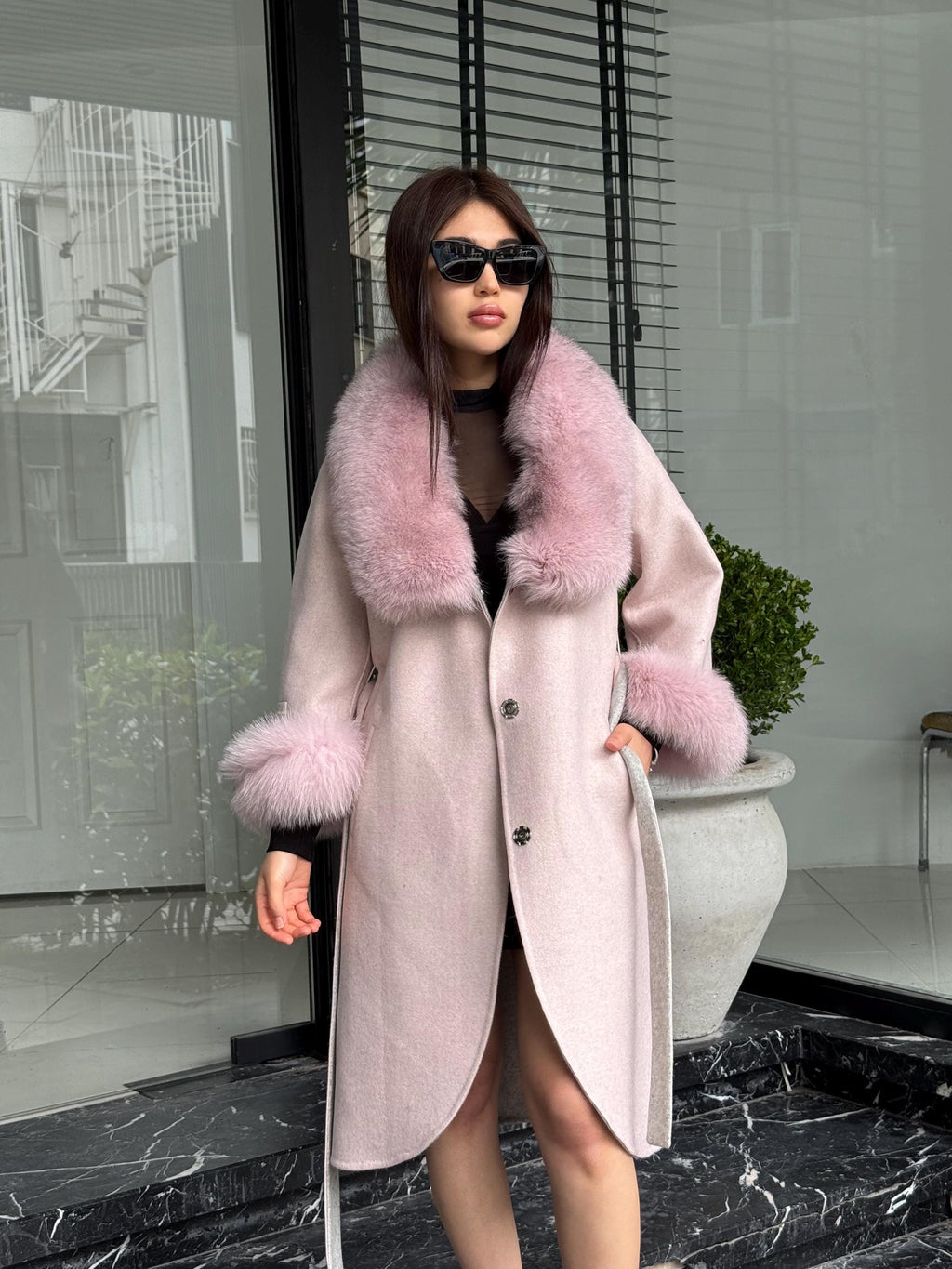 Light Pink Handmade Women Alpaca Coat With Fox Fur , Luxury Outwear | Natural Alpaca Wool Coat | Soft & Warm – Handmade Women’s Outerwear