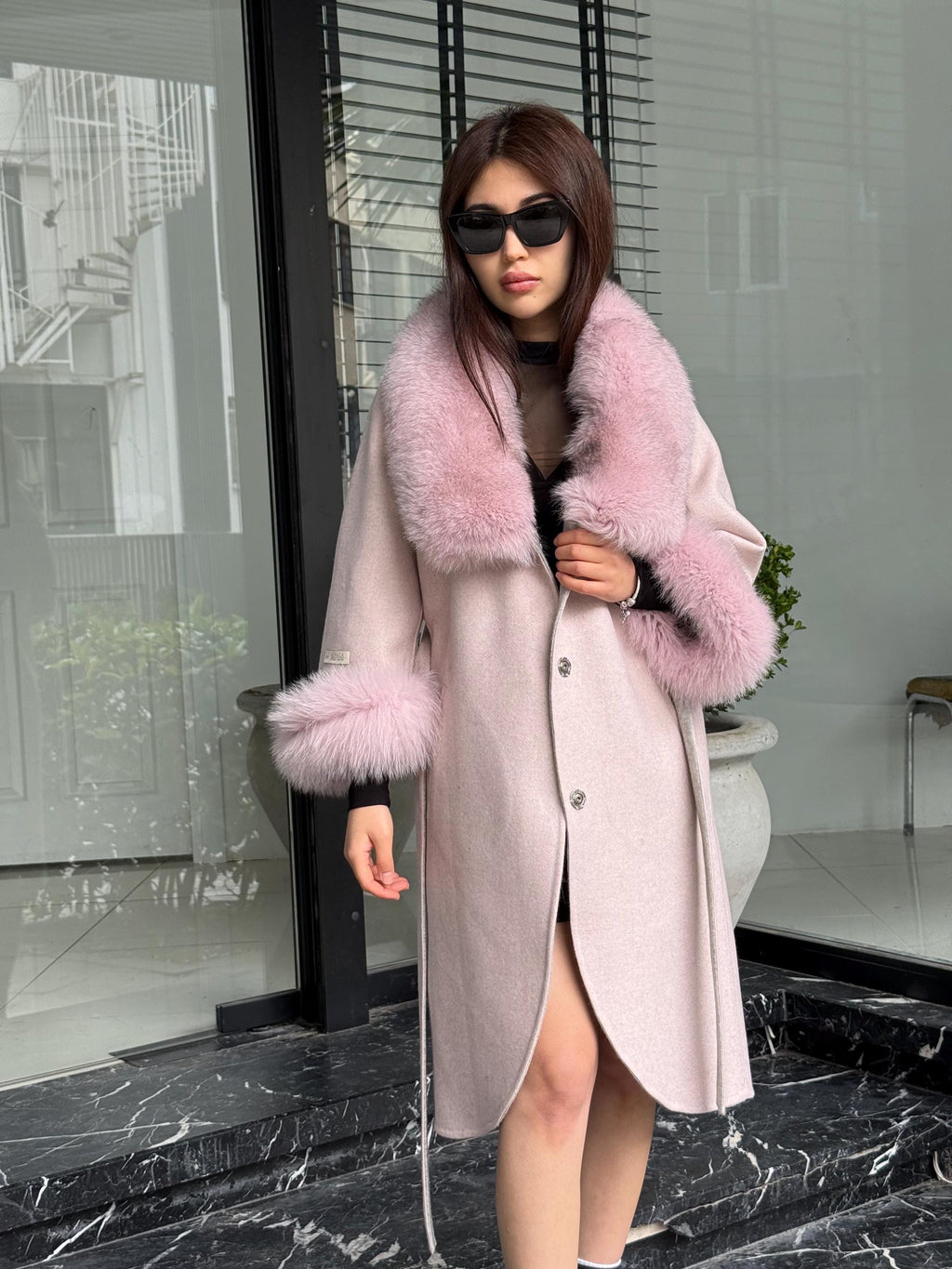Light Pink Handmade Women Alpaca Coat With Fox Fur , Luxury Outwear | Natural Alpaca Wool Coat | Soft & Warm – Handmade Women’s Outerwear