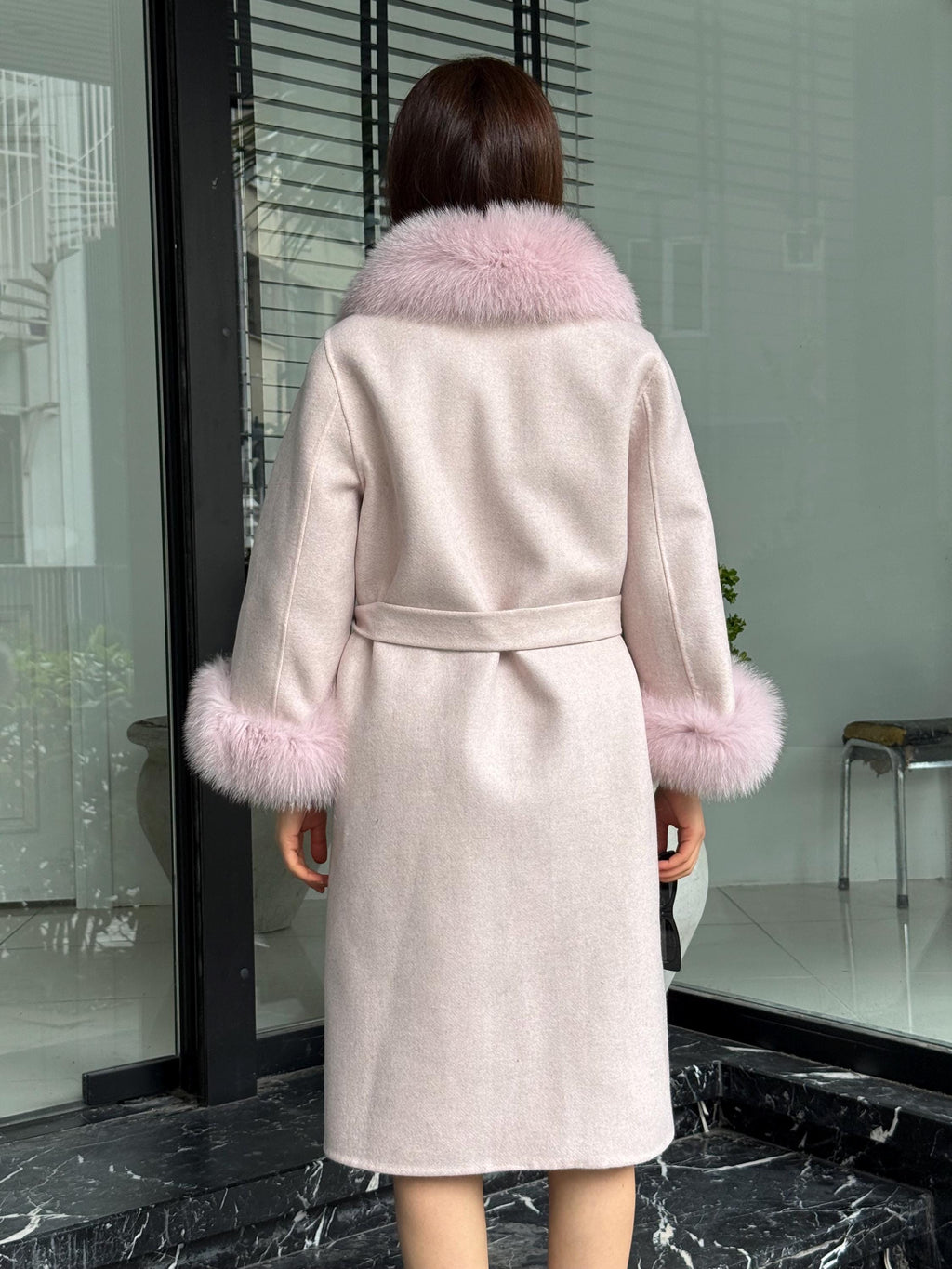 Light Pink Handmade Women Alpaca Coat With Fox Fur , Luxury Outwear | Natural Alpaca Wool Coat | Soft & Warm – Handmade Women’s Outerwear